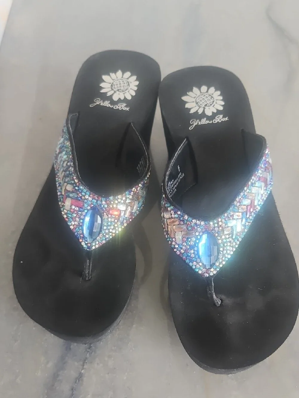 Yellow Box Black Wedge Sandals with Multicolor Jewel Accents